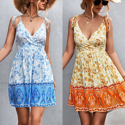 Spring Summer Sexy Backless V-neck Strap Positioning Floral Dress for Women