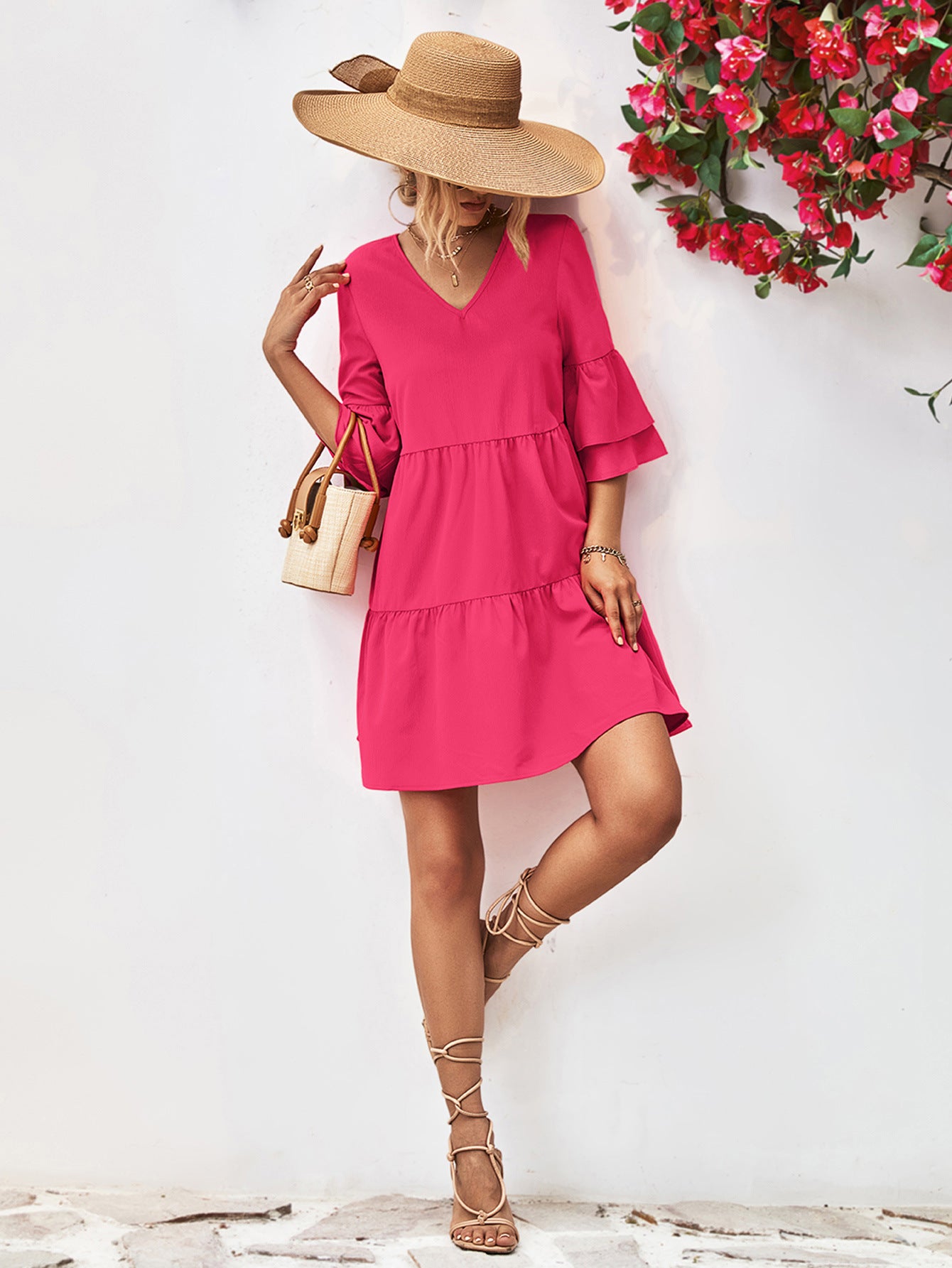 Popular Double Layer Bell Sleeve V neck Doll Type Dress