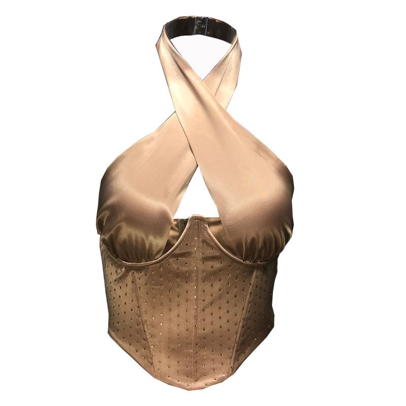 Damenbekleidung Bandeau Sexy Satin Zweiteiliges Doppellagiges Korsett mit Stäbchen Korsett mit Stäbchen Diamantbesetztes Etui-Neckholder für Damen