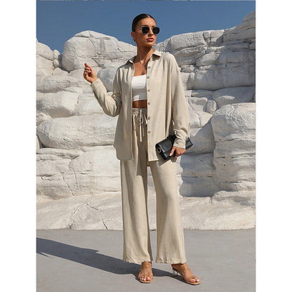 Trousers Shirt Outfit Solid Color Collared Long Sleeve Shirt Loose High Waist Trousers Casual Set