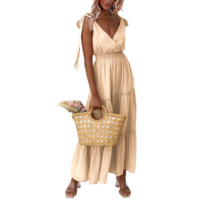 Spring Summer Women Clothing Criss Cross Sleeveless Layered Bandage Smocking Dress