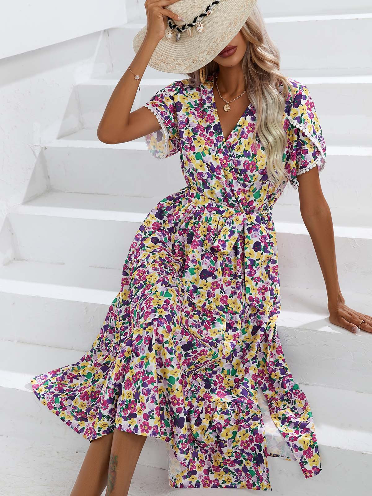 Damen Kleidung Kleid Sommer Kleine Blumen Split V-Ausschnitt Damen Kleidung