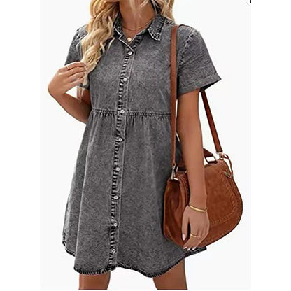 Washed Denim Collared Loose Sweet Lotus Leaf Dress Short Dress