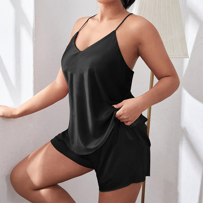 Plus Size Backless Strap Pajamas Women Sexy Pajamas Two Piece Set Imitation Silk Loungewear Suit