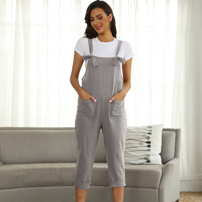 Spring Summer Women Clothing Artistic Cotton Linen Suspender Casual Trousers Jumpsuit