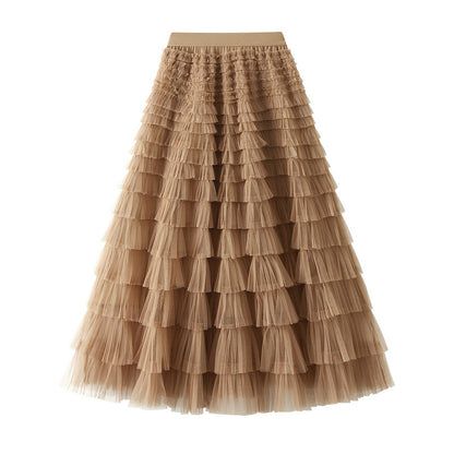 Mesh Tiered Skirt Women Spring Autumn Dress Fairy White Yarn Skirt Pleated