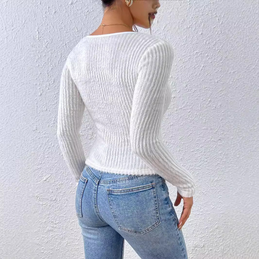 Women Clothing Fall Slim Fit Sexy Low Cut Furry Long Sleeved T shirt