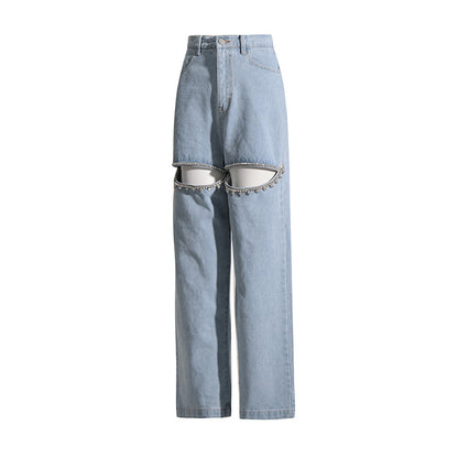 Pantalones vaqueros de pierna ancha para primavera y verano, pantalones de cintura alta para mujer, pantalones de pierna recta con agujeros y nicho con cuentas de diamantes