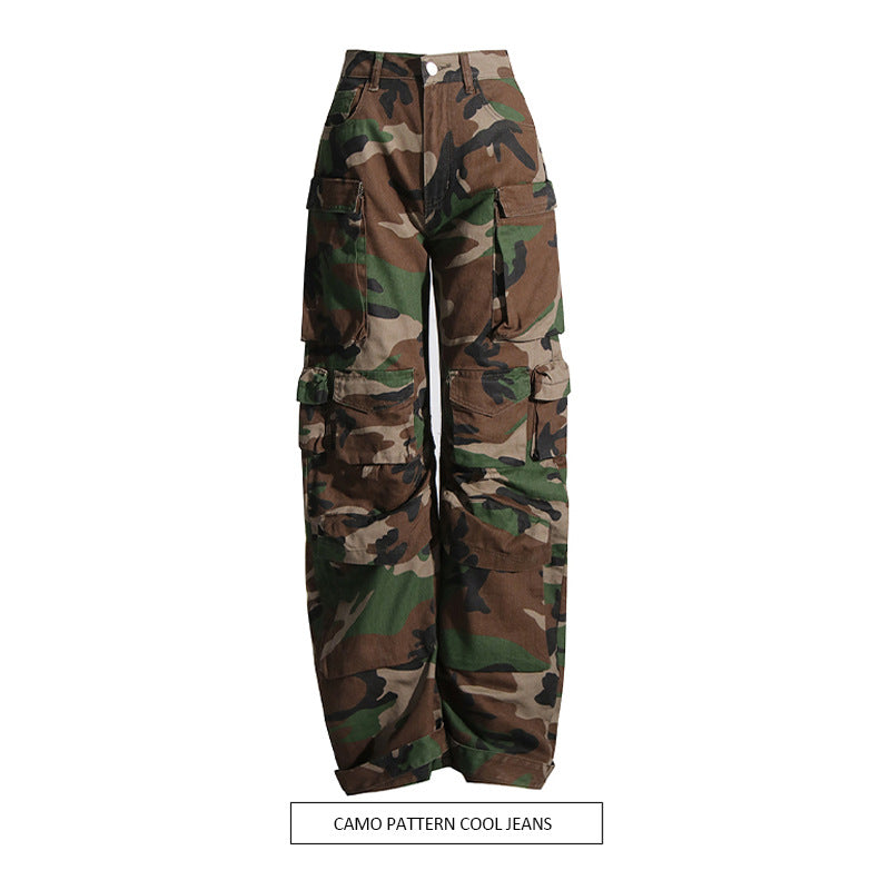 Seitliche Mehrfachtaschen, dekoratives Design, Camouflage, cooler, hübscher, lockerer Street-Jeans-Overall für Damen