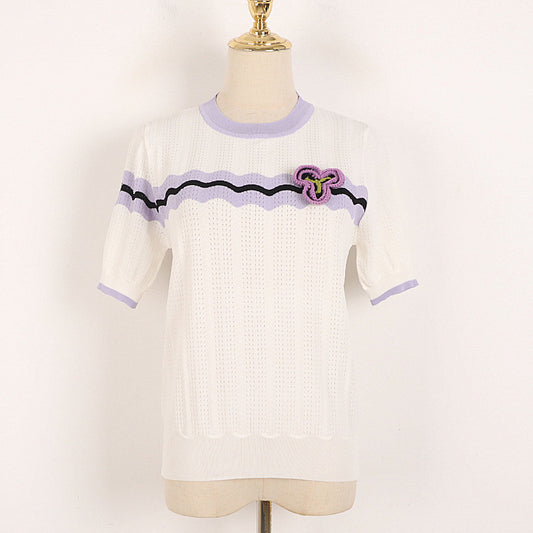 Wave Color Matching Short Sleeve T shirt Thin Summer College Ice Silk Crocheted Pointelle Color Striped Sweater