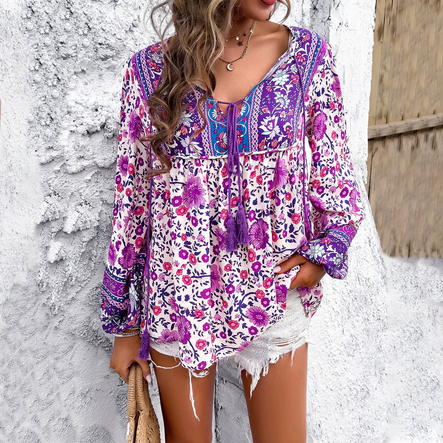 Women Clothing Spring Summer Casual Holiday Floral Print Long Sleeve Shirt