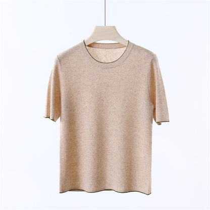 Neckline Cuff Color Matching Extrafine Wool Knitwear Spring Summer Casual Women Top Bottoming Shirt Inner Wear