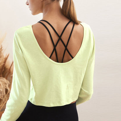 Spring Summer Long Sleeve All Match round Neck Cotton T-shirt Lightweight Breathable Loose Skin Friendly Multi Color Beauty Back Exercise Top