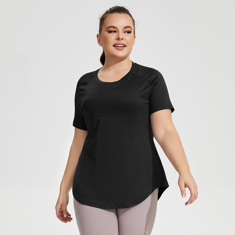 Plus Size Long Thigh Length Thin Yoga Wear Mesh Beauty Back Breathable Short Sleeve Running Fitness Top Sportswear for Women