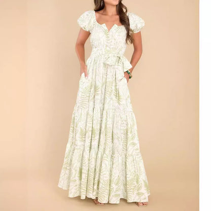 Frühlings-/Sommerkleid mit bedruckten Puffärmeln und Schnürung, elegantes Maxikleid für Damen