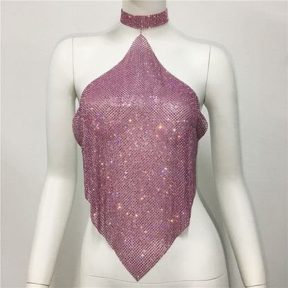 Ropa de mujer con cuello Halter y tirantes finos, ropa Sexy para discoteca, Top asimétrico Irregular con diamantes de imitación de Metal