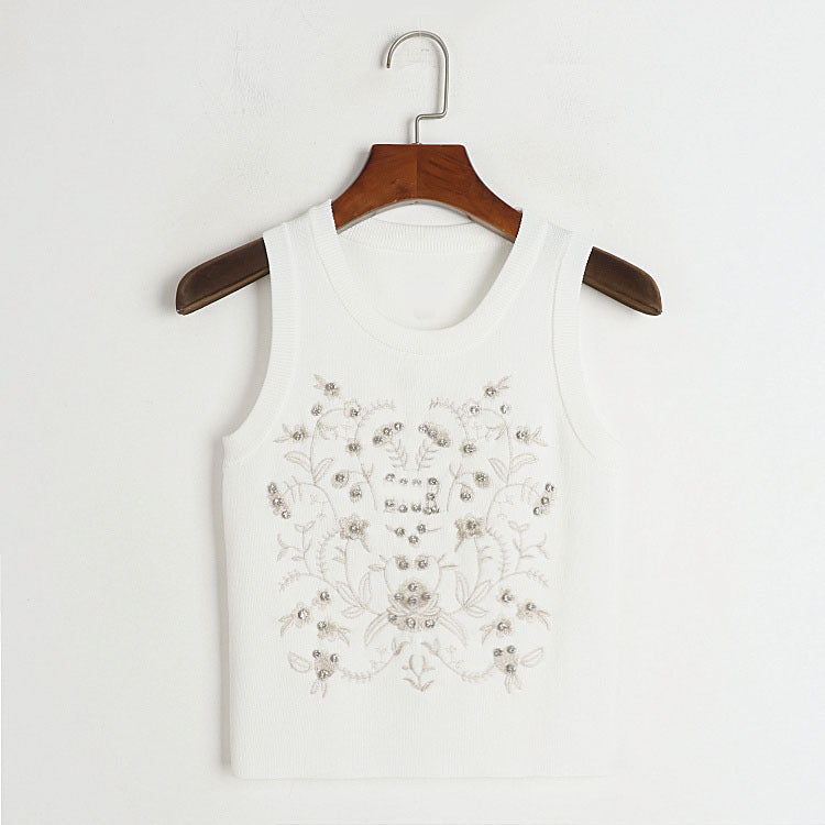 Round Neck Vest Women Early Summer Machine Embroidery Rattan Floral Print Western Slimming Knitted Top