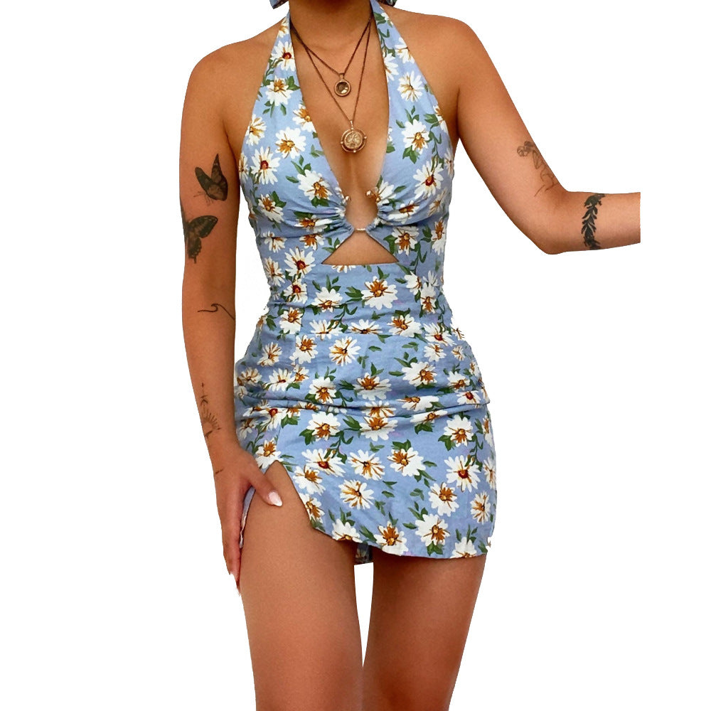 Ropa de mujer de verano Impreso Sexy Halter Vestido sin espalda Traje de baño