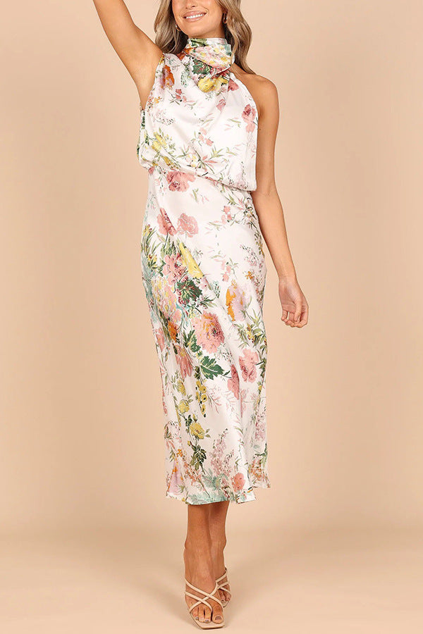 Mature Elegant Women Sleeveless Halter Printed Satin Dress