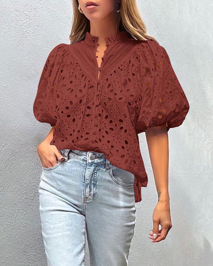 Women Top Embroidery Hollow Out Cutout Lantern Sleeve Shirt T Shirt