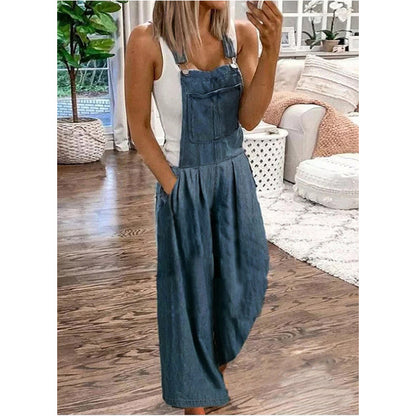 Women Denim Jumpsuit Summer Office Mid Waist Wash Wide Leg Jeans Thin Pants Women