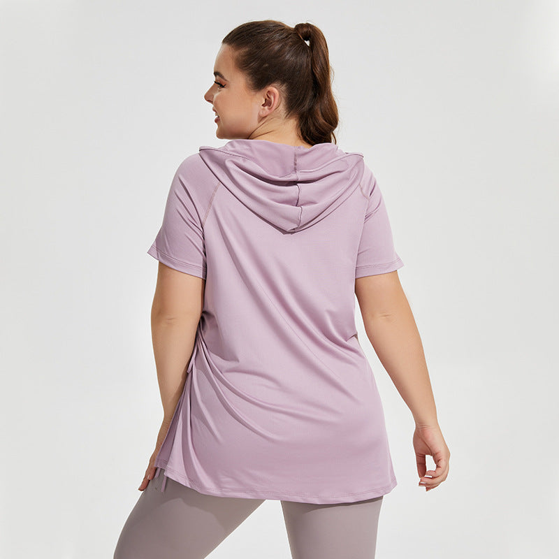 Plus Size Slim Fit Dünne Fitnesskleidung Damen Kapuzen-Kurzarm-Sport-T-Shirt Schnelltrocknende lange, oberschenkellange Yoga-Jacke