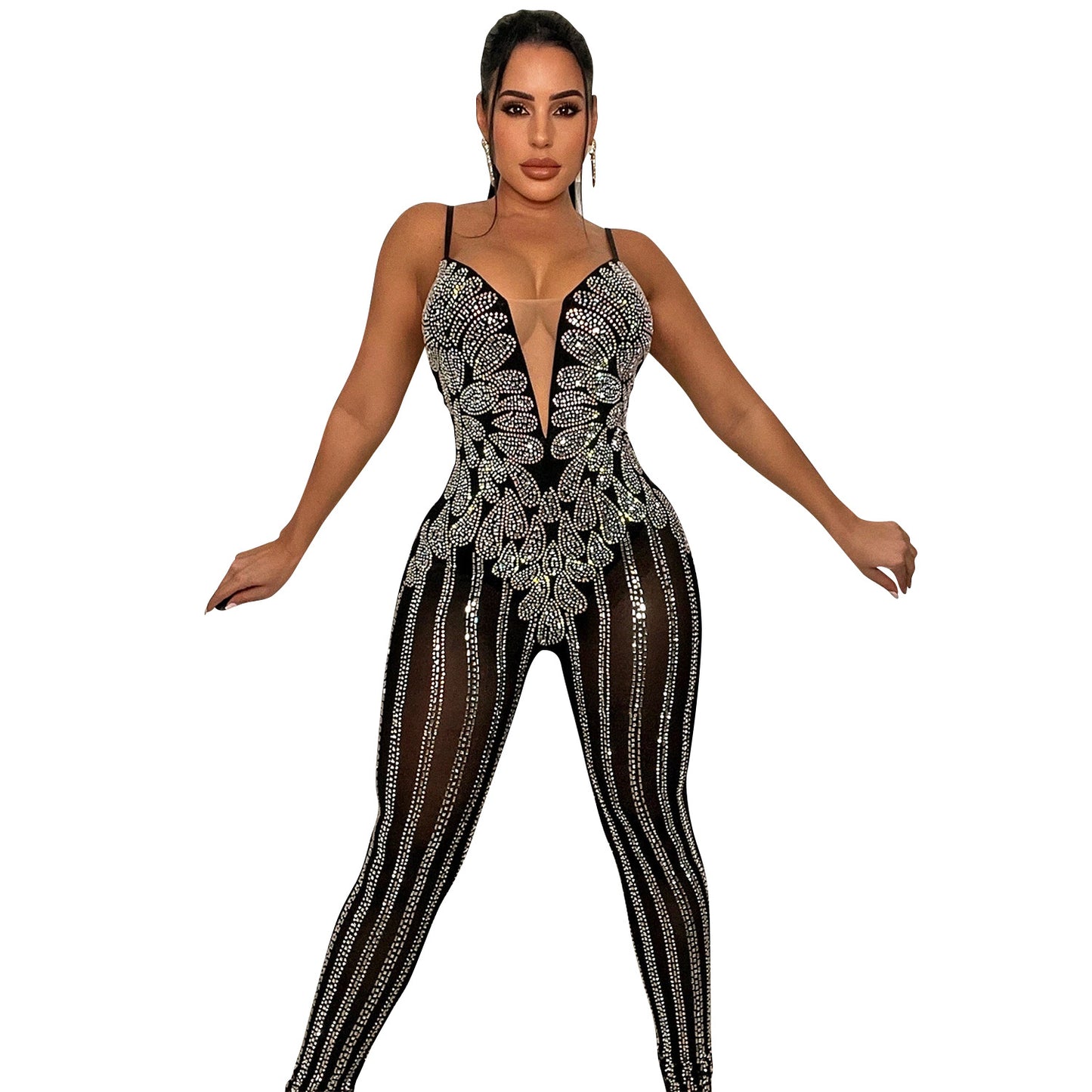 Nightclub Mesh Drilling See through Sling Jumpsuit Women Clothing