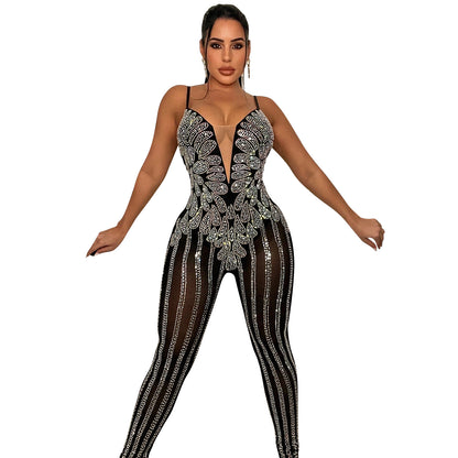 Nachtclub Mesh Bohren Durchsichtig Sling Jumpsuit Frauen Kleidung