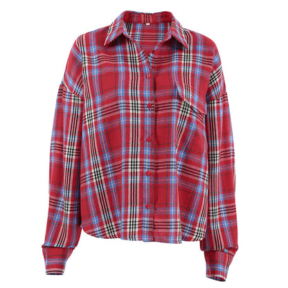 Short Polyester Cotton Collared Elegant Plaid Long Sleeve Shirt Spring Summer Cardigan