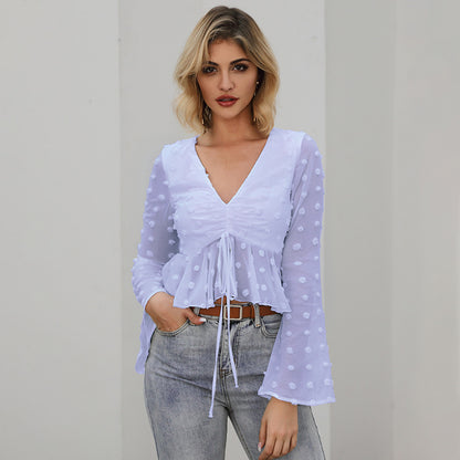 Sommer Frauen Kleidung Glocke Ärmel Top Langarm Polka-Dot Selbst Krawatte Rüschen Shirt Kurze