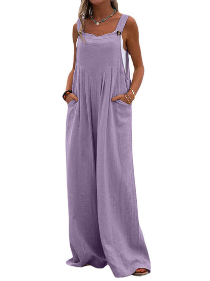 Women Clothing Summer Jumpsuit Ethnic Solid Color Wide Leg Jumpsuit