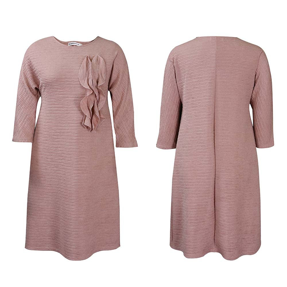 Women Clothing Autumn Winter Round Neck Solid Color Pleated Loose Dress