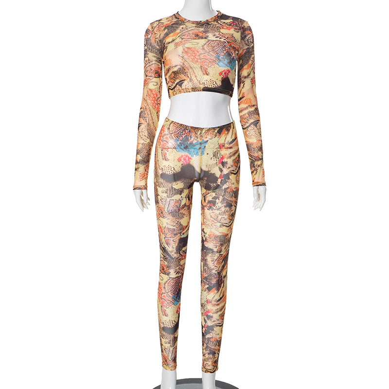 Slim Fit Sexy Printed Mesh See Through Cropped Short Long Sleeve Top Trousers Suit