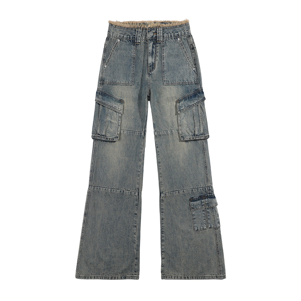 Waste Soil Jeans Retro Workwear Denim Frauen Hohe Taille Abnehmen Breite Bein Hosen Jeans