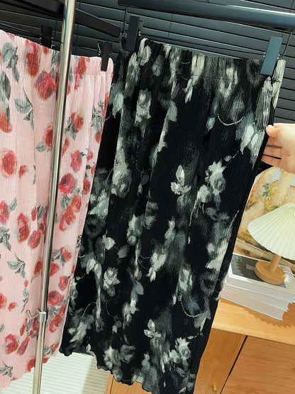 Vintage Floral Split Skirt Summer New High Waisted A Line Midi Length Skirt