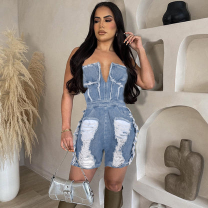 Sommer Sexy Cutout Ripped Zipper Kurze Eingewickelt Brust Cowboy Siamesische Kleidung für Frauen