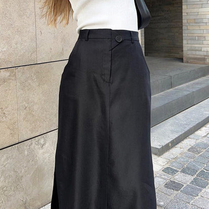 Black Cotton Silk Women Clothing Autumn Split High Waist Office Drape Skirt Skirt