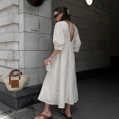 Vestido largo francés de lino y algodón con manga abombada para mujer, camisa holgada con Espalda descubierta, cuello en V, color Beige, francés