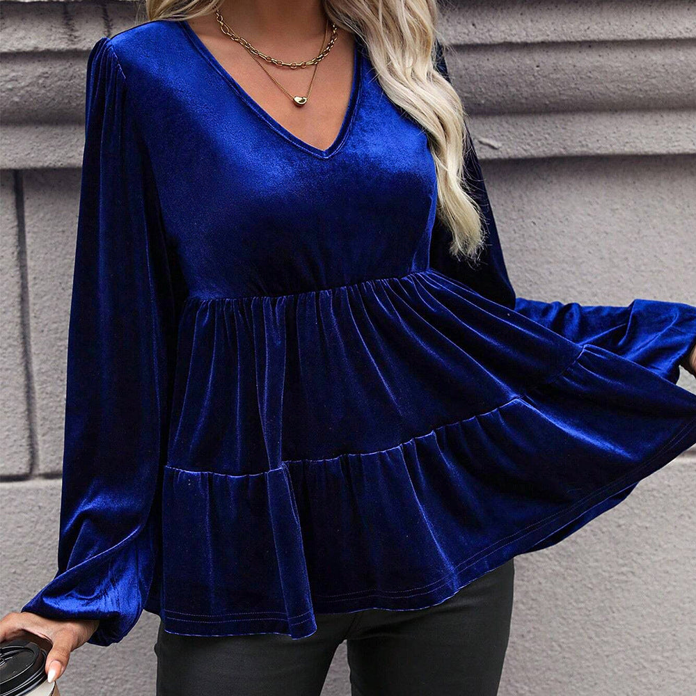 Small V neck Tight Waist Show Waistline Hem Pleated Long Sleeve Top