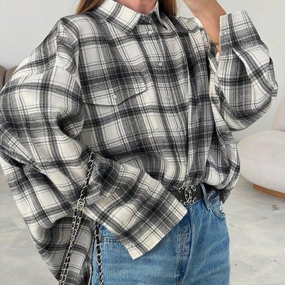 Plaid Retro Polyester Baumwolle Lose Frauen Hemd Herbst Frauen Kleidung Strickjacke