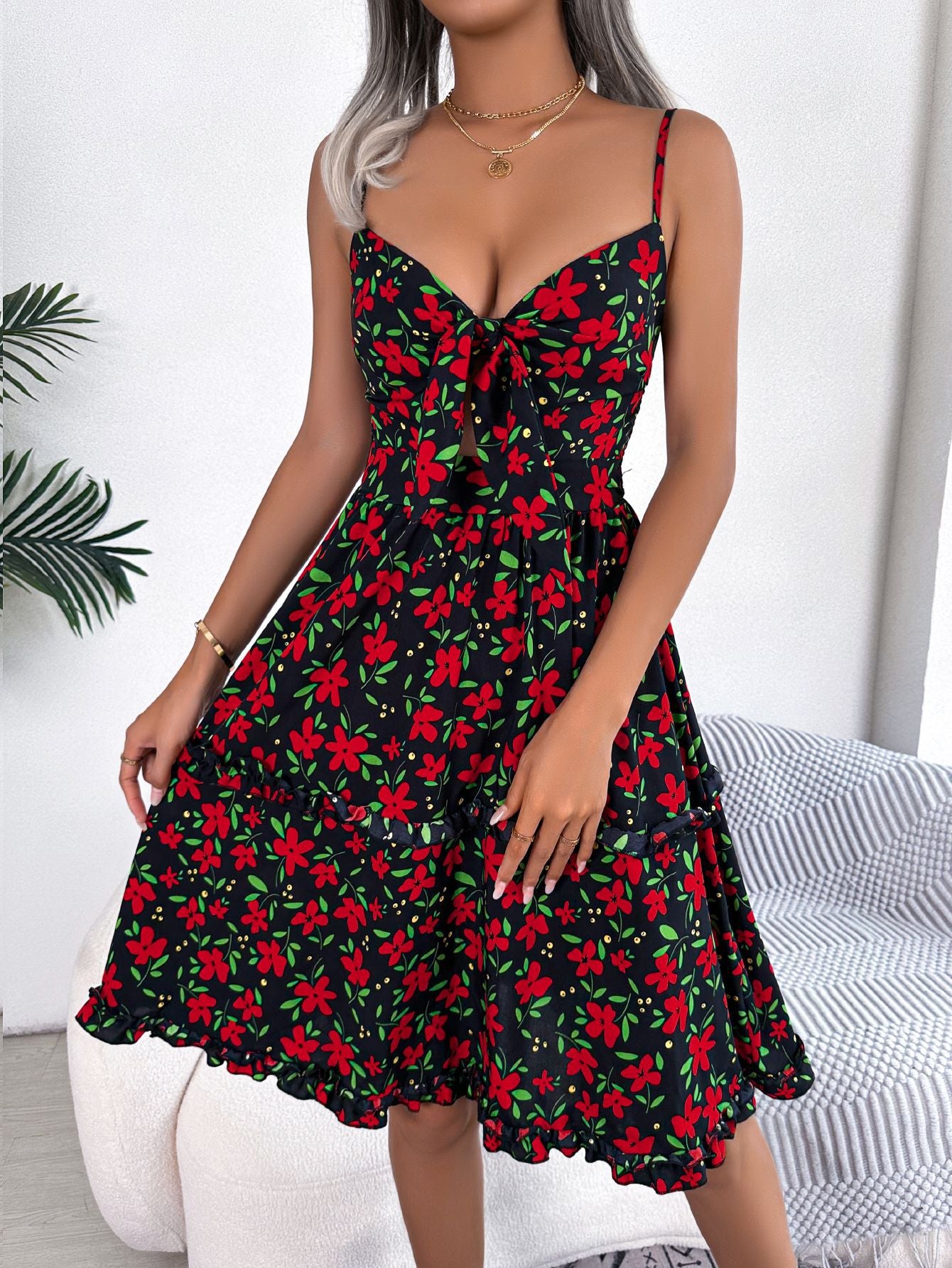 Frühling Sommer Casual Floral Schleife Rüschen Ärmelloses Kleid Frauen Kleidung