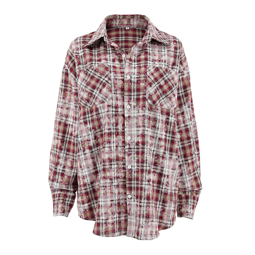 Polyester Cotton Collared Loose Long Sleeve Casual Plaid Shirt Autumn Winter Cardigan