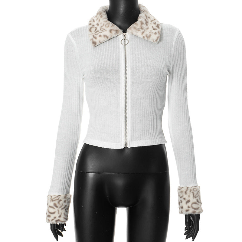 Leopard Print Fur Collar Vertical Zipper Stitching Short Long Sleeve Top