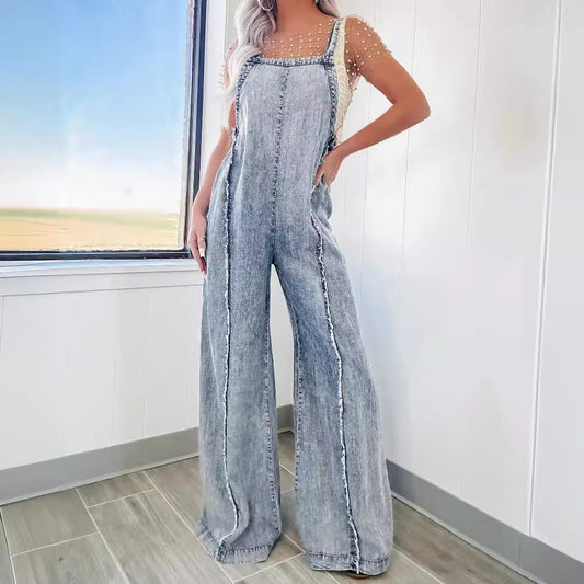 Spring Loose Fitting Overalls Women Retro Washed Raw Hem Wide Legs Jumpsuit