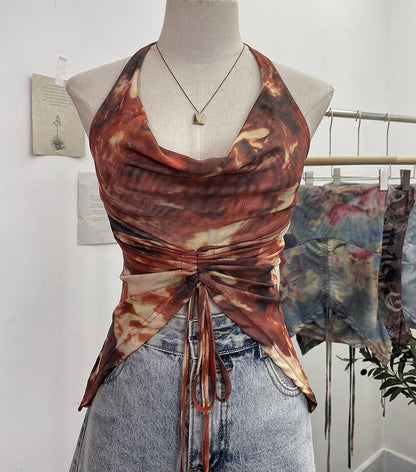 Vacation Halter Swing Collar Drawstring Lace Camisole Tie Dyed Short Mesh Sleeveless Top