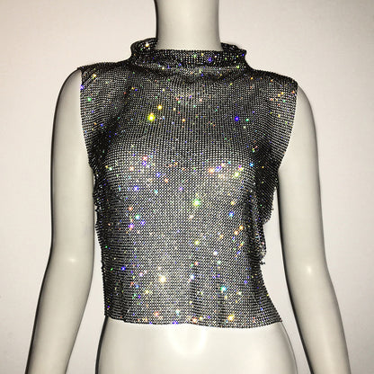 Ropa de mujer Chaleco con diamantes completos Cuello alto de lujo Top con diamantes de imitación Chaleco sexy para discoteca sexy