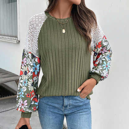 Suéter de punto con cuello redondo y estampado floral a juego de colores para mujer