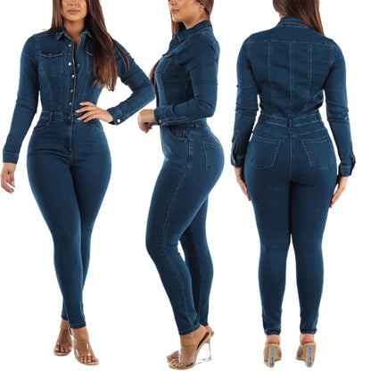 Women Slim Elastic Feet Wash Denim Jumpsuit Jumpsuit