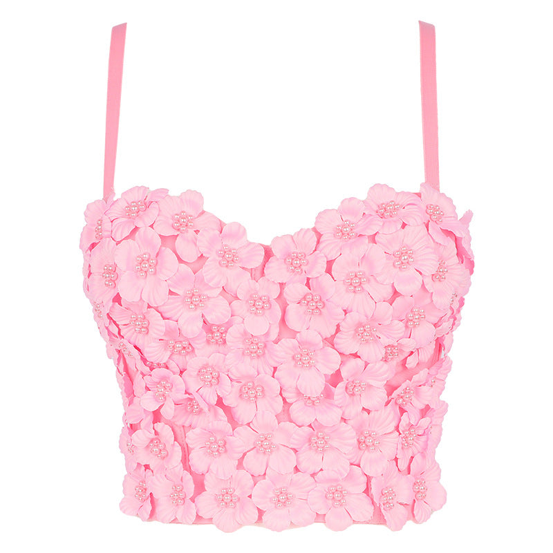 Niche Personality Tube Top Outer Wear Pure Handmade Floral Beaded Heavy Industry Small Sling Women Vest Disco Dancing Wrapped Chest