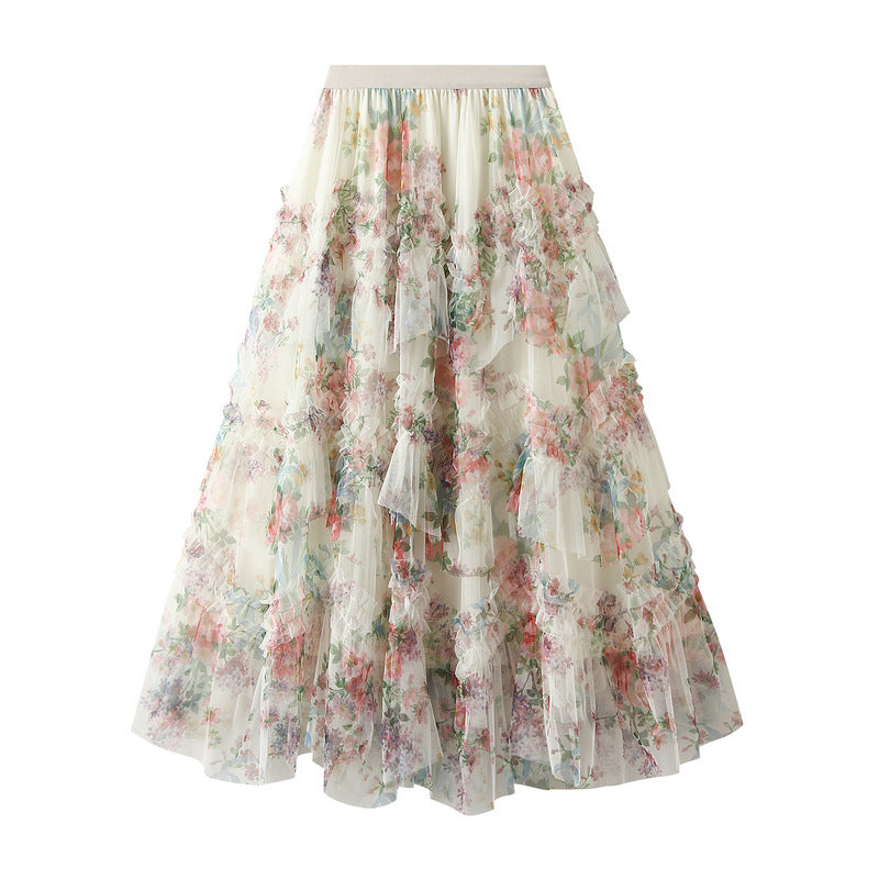 Irregular Asymmetric Stitching Color Floral Mesh Skirt Women Spring French Royal Elegant A line Skirt